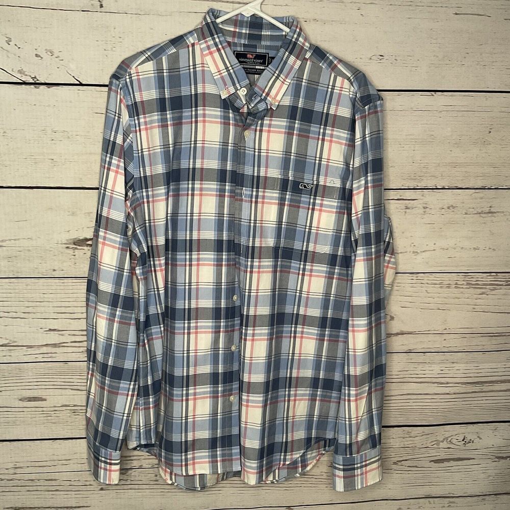 Vineyard Vines Slim Fit Tucker Shirt Mens Medium Blue Pink Plaid Long Sleeve